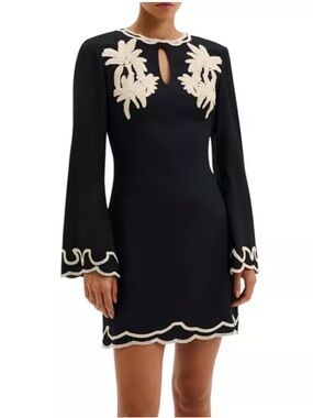 By Malina Black Long-Sleeve Mini Dress with Cream Appliqué Detail size EU 36
